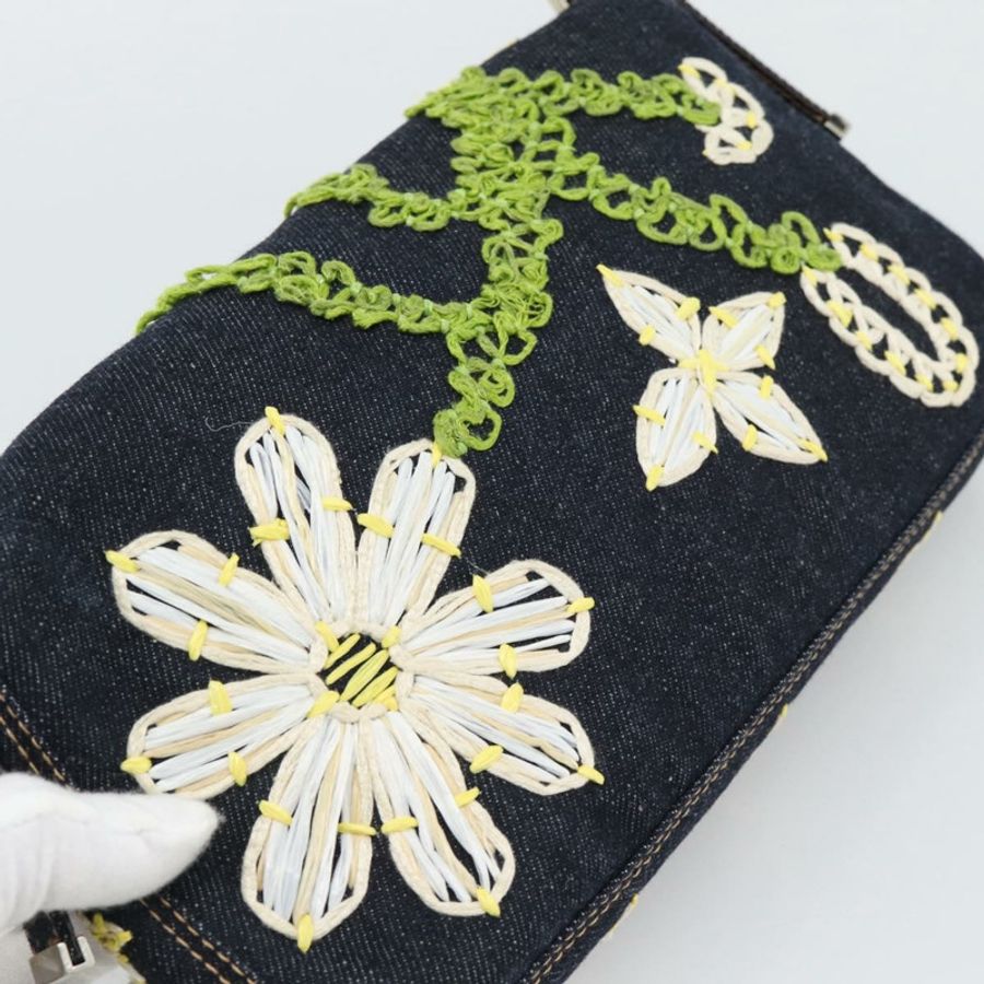【日本直送】FENDI 花卉刺繡 Mamma Baguette 單肩包 牛仔藍 正品 yk20668SM-13