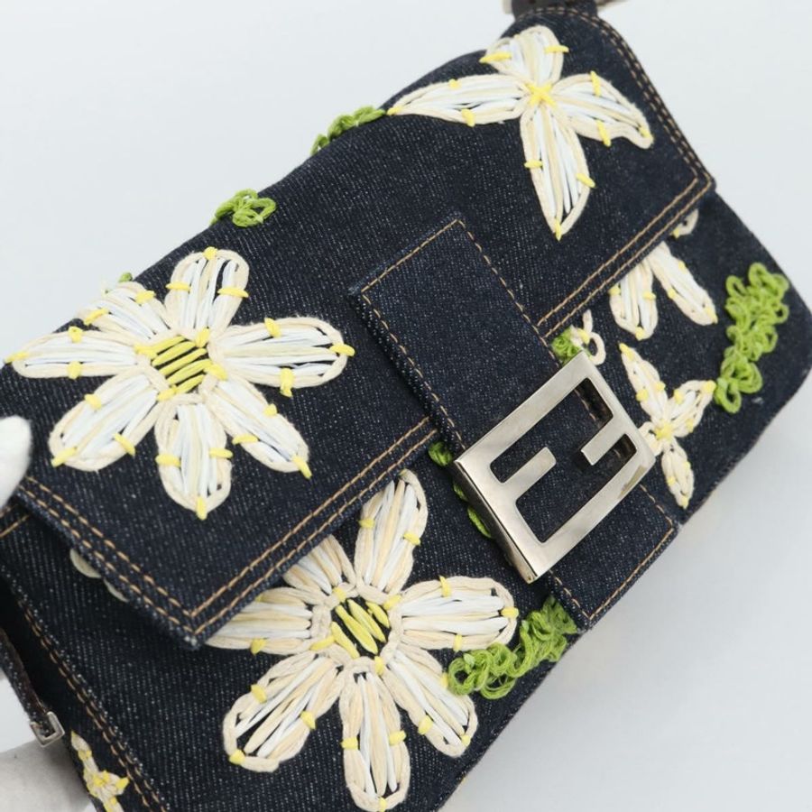 【日本直送】FENDI 花卉刺繡 Mamma Baguette 單肩包 牛仔藍 正品 yk20668SM-14