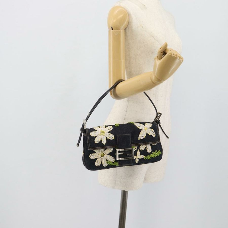 【日本直送】FENDI 花卉刺繡 Mamma Baguette 單肩包 牛仔藍 正品 yk20668SM-23