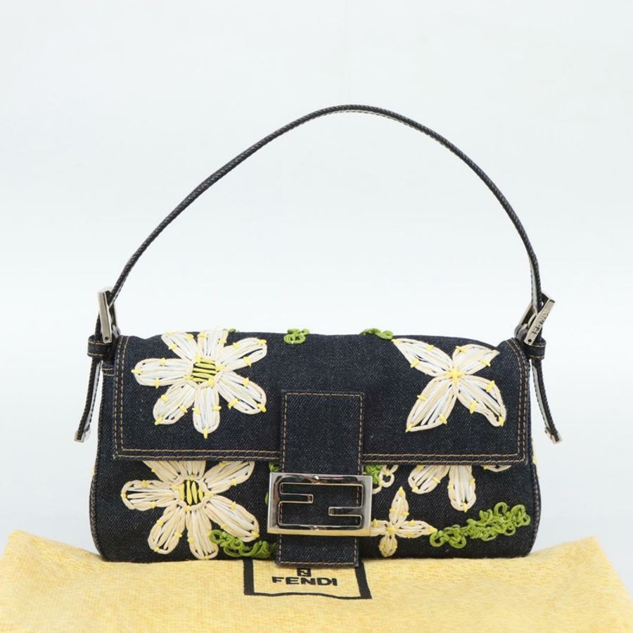 【日本直送】FENDI 花卉刺繡 Mamma Baguette 單肩包 牛仔藍 正品 yk20668SM-24