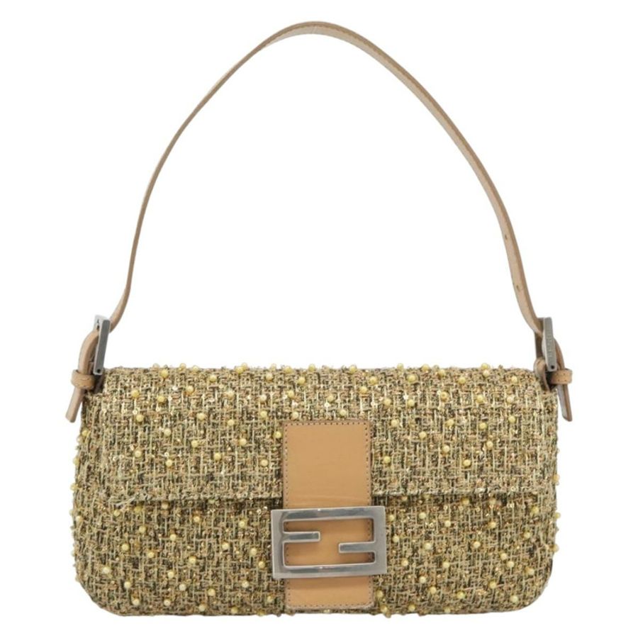 【日本直送】FENDI 斜紋軟呢串珠 Mamma Baguette 單肩包 金銀 8BR000 正品 yk20672SAM-1