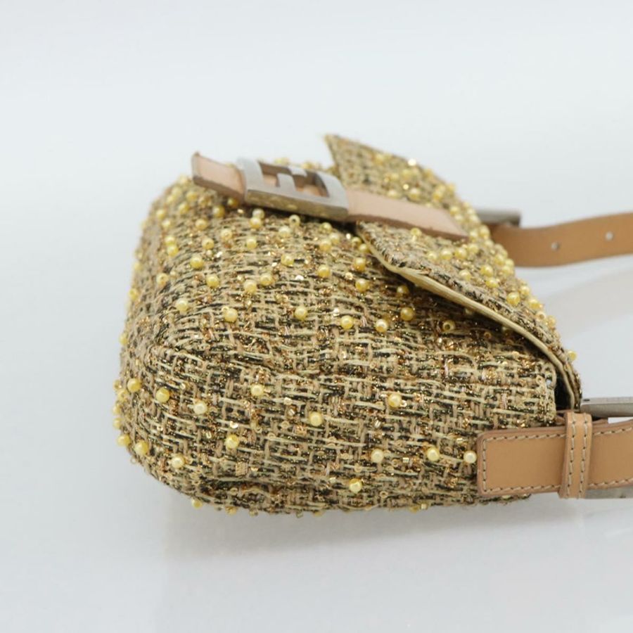 【日本直送】FENDI 斜紋軟呢串珠 Mamma Baguette 單肩包 金銀 8BR000 正品 yk20672SAM-4