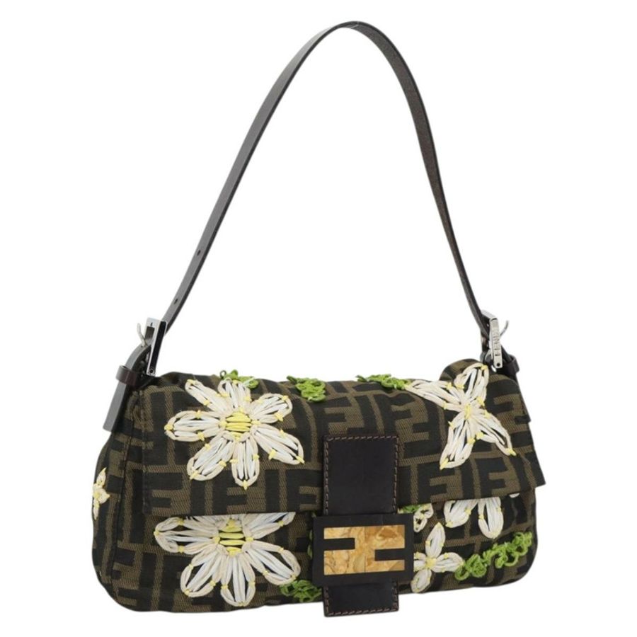 【日本直送】FENDI Zucca 帆布花朵刺繡 Mamma Baguette 棕色銀色正品 yk20688SM-0