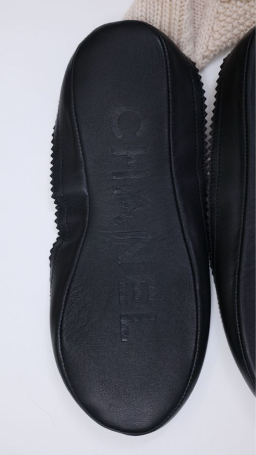 Chanel米白色针织拼皮长袜-7