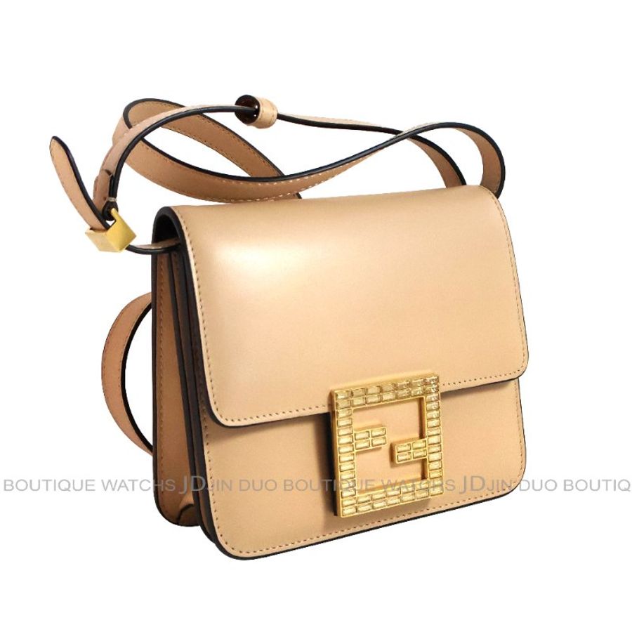 金鐸精品~2554 FENDI 芬迪 粉膚色小牛皮FF水鑽金屬磁釦豆腐包 側肩背包-2
