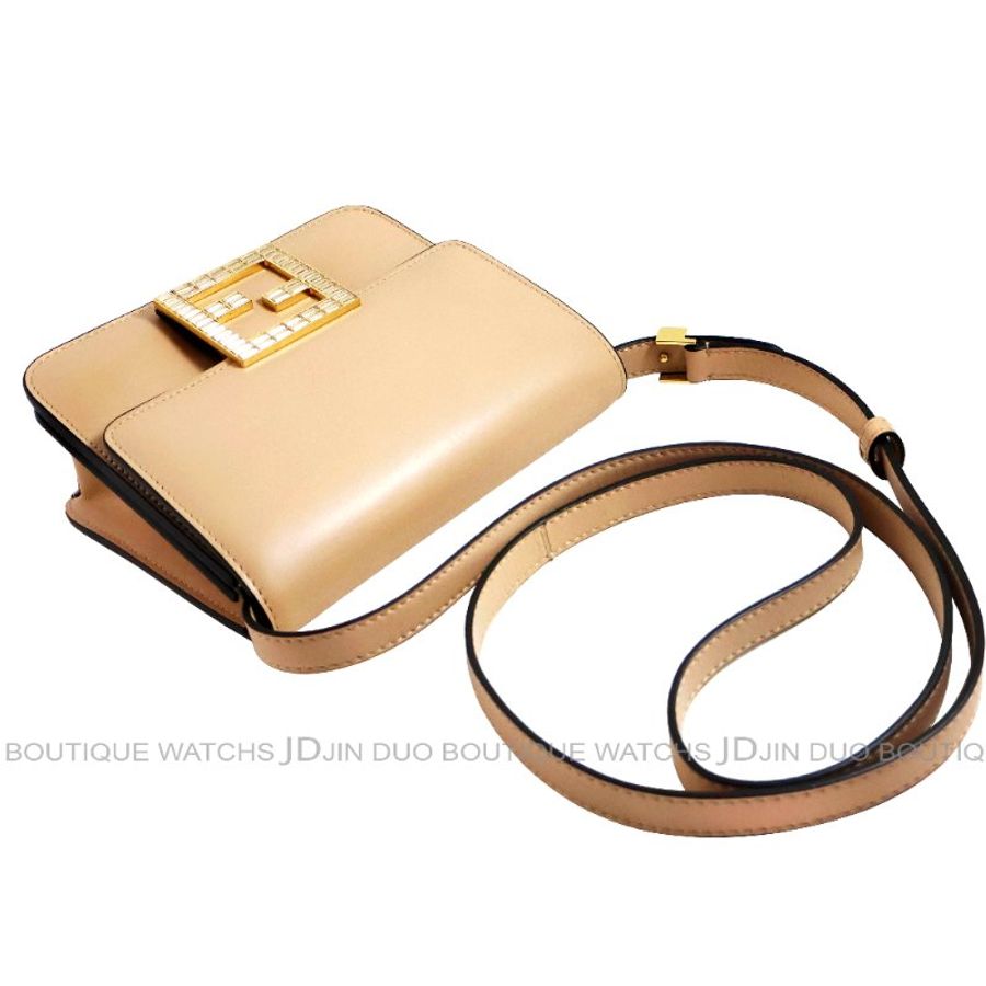 金鐸精品~2554 FENDI 芬迪 粉膚色小牛皮FF水鑽金屬磁釦豆腐包 側肩背包-5