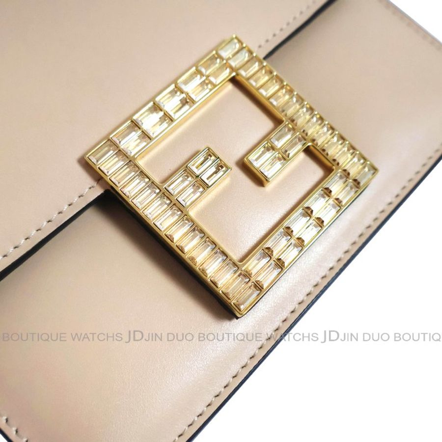 金鐸精品~2554 FENDI 芬迪 粉膚色小牛皮FF水鑽金屬磁釦豆腐包 側肩背包-6