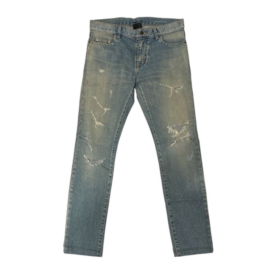 SAINT LAURENT 聖羅蘭 D02 手工泥洗破壞修身牛仔褲 純棉 淺灰藍 古銅色 M-1
