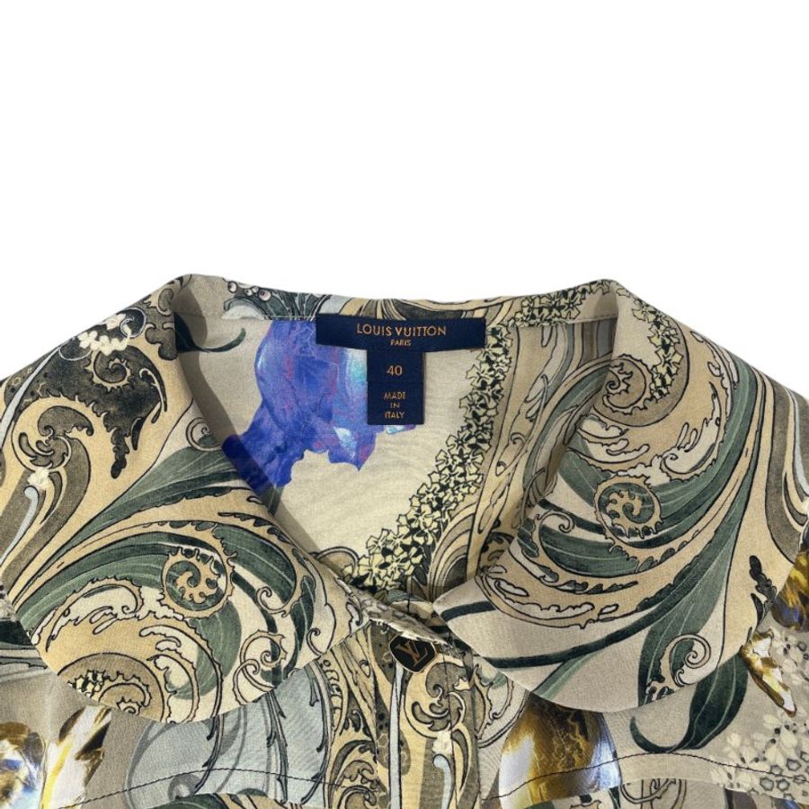 LOUIS VUITTON 路易威登 FITO65VUF 復古花卉長袖襯衫 蠶絲 卡其色 金釦-3