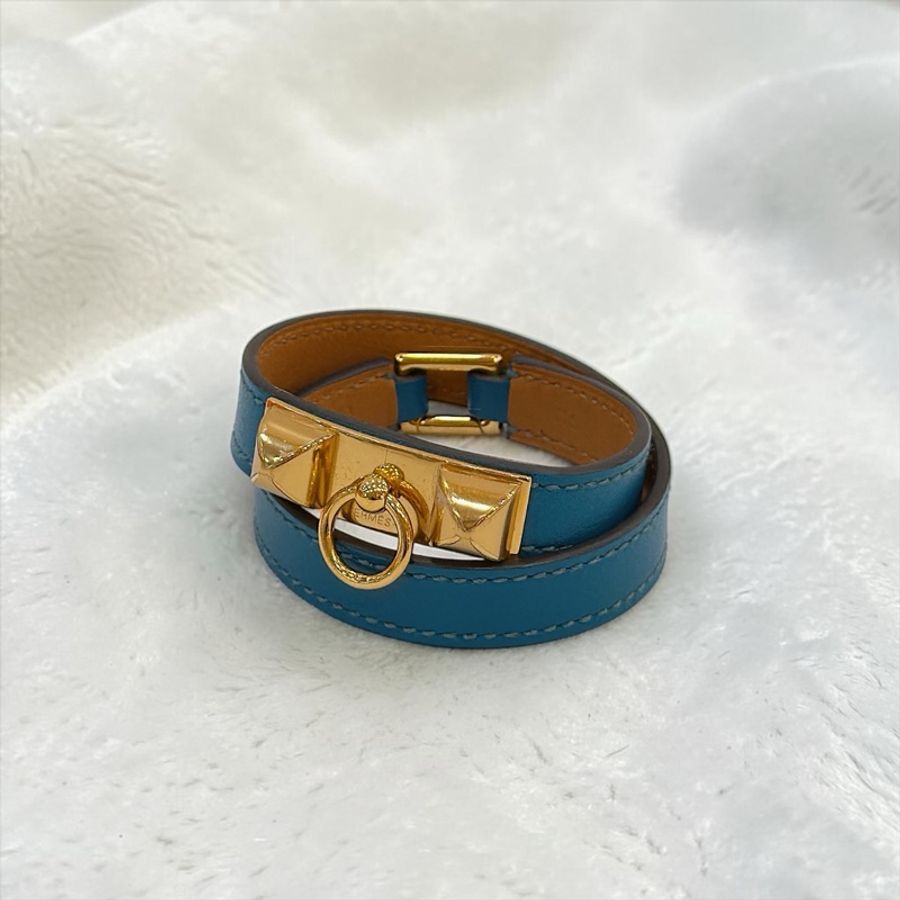 莉亞精品♡ Hermes 雙圈藍色皮革手環#xs 框Q二手美品-0