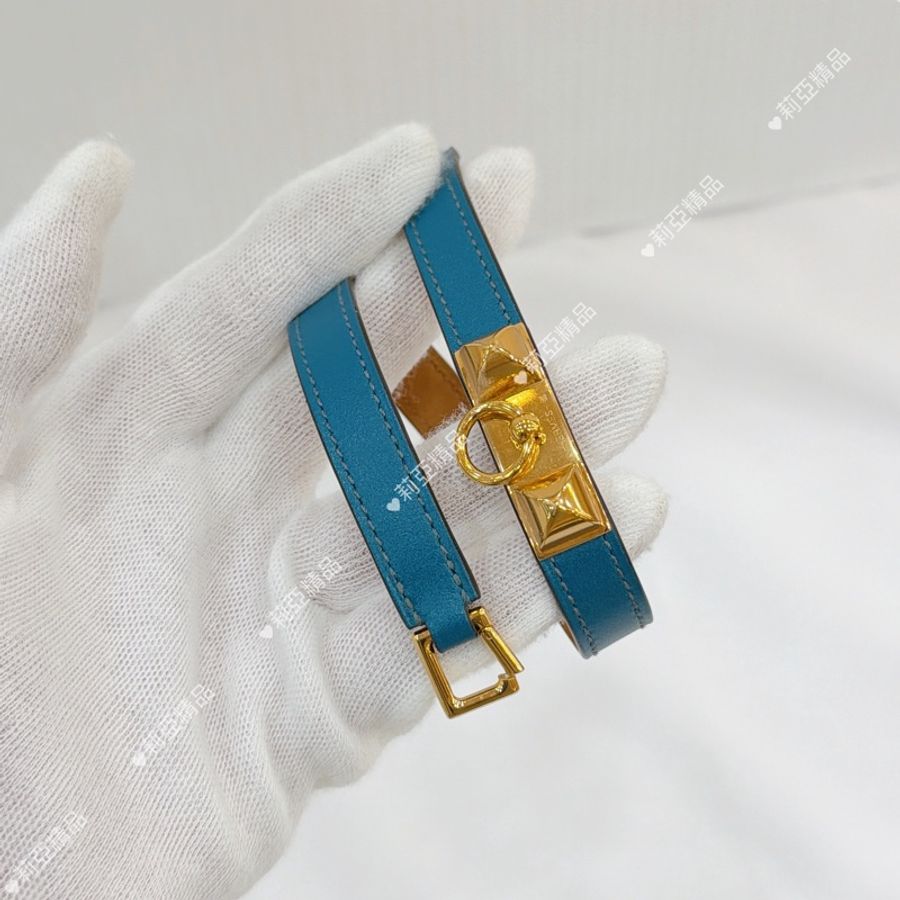莉亞精品♡ Hermes 雙圈藍色皮革手環#xs 框Q二手美品-2