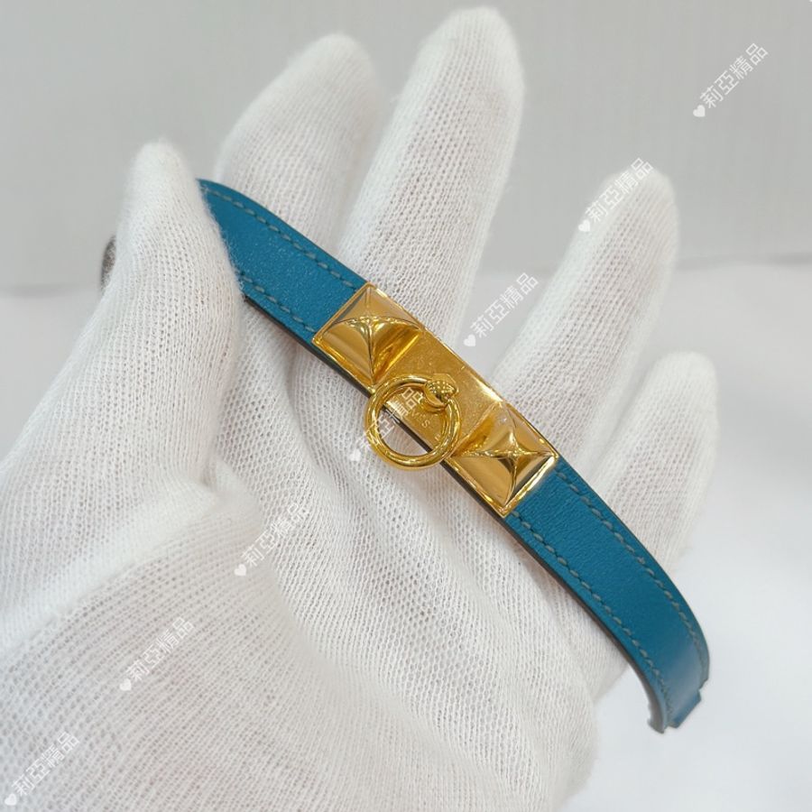 莉亞精品♡ Hermes 雙圈藍色皮革手環#xs 框Q二手美品-4