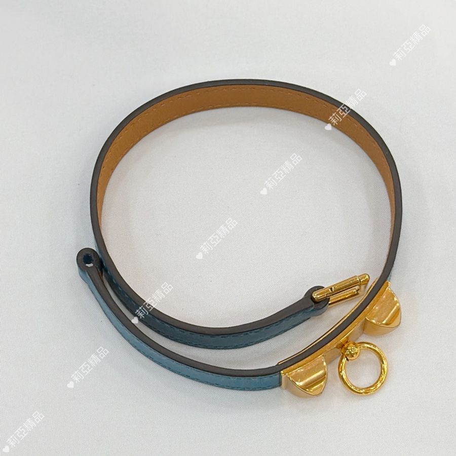 莉亞精品♡ Hermes 雙圈藍色皮革手環#xs 框Q二手美品-9