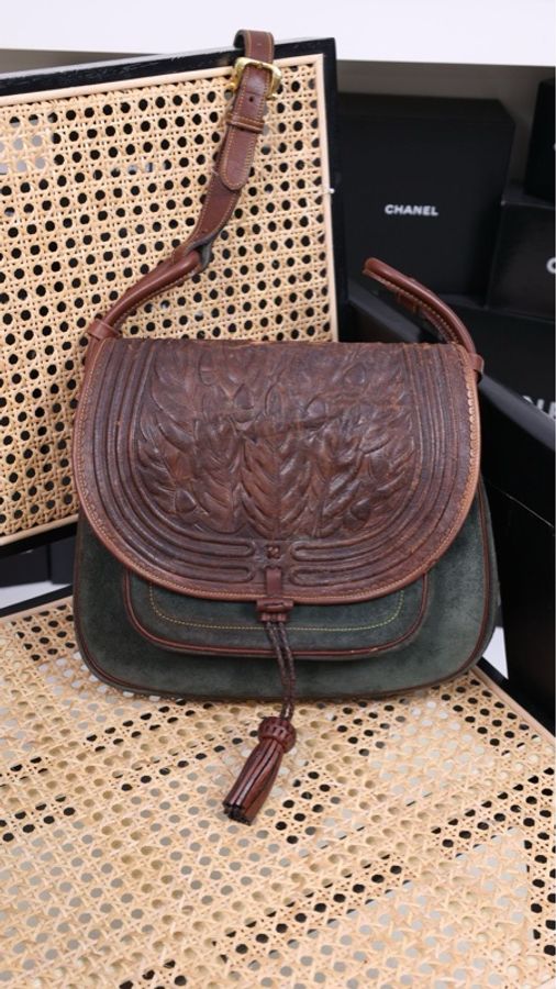 Loewe棕色皮革麂皮拼接狩猎包单肩包-0