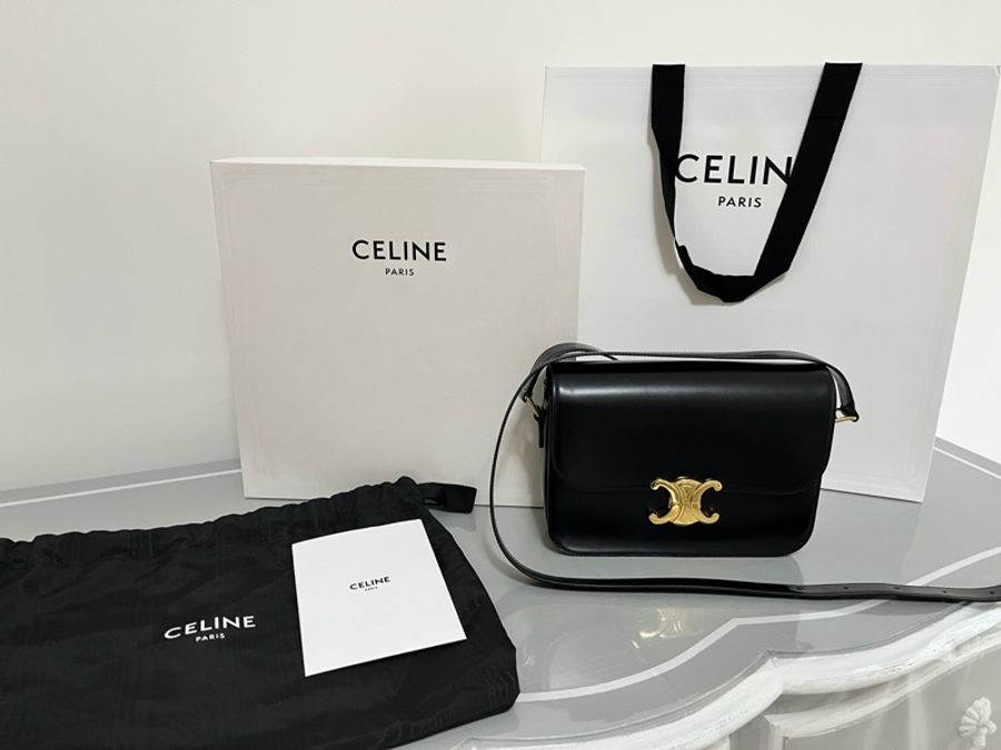 CELINE Triomphe 凱旋門肩背包(大)22cm 黑金亮澤牛皮|近全新|專櫃正品全配-6