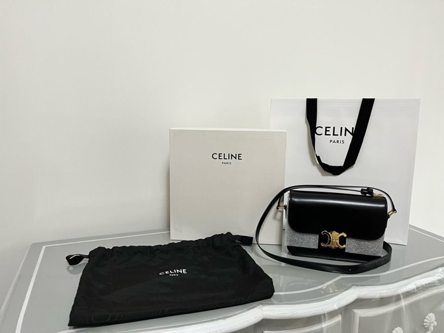 CELINE Triomphe 凱旋門肩背包(大)22cm 黑金亮澤牛皮|近全新|專櫃正品全配-7