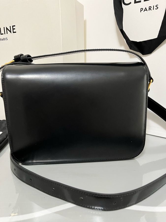 CELINE Triomphe 凱旋門肩背包(大)22cm 黑金亮澤牛皮|近全新|專櫃正品全配-10