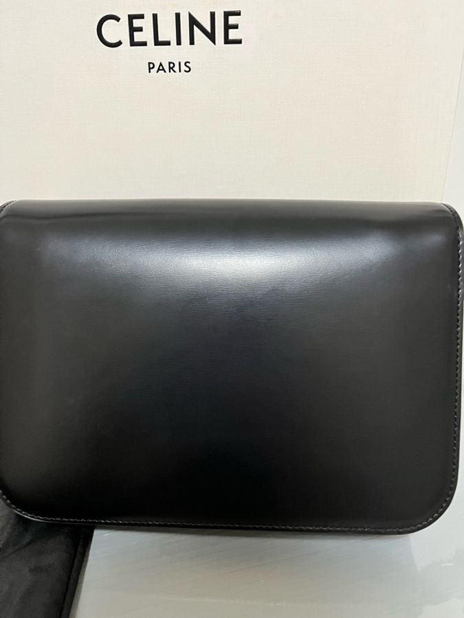 CELINE Triomphe 凱旋門肩背包(大)22cm 黑金亮澤牛皮|近全新|專櫃正品全配-11
