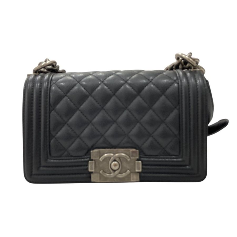 CHANEL 香奈兒 THE BOY BAG MINI 黑色 荔枝皮 魚子醬皮 銀釦-1
