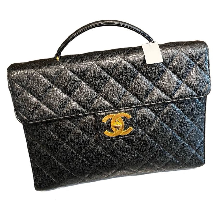 Chanel 香奈兒黑金菱格紋大雙C扣手提公文包-9
