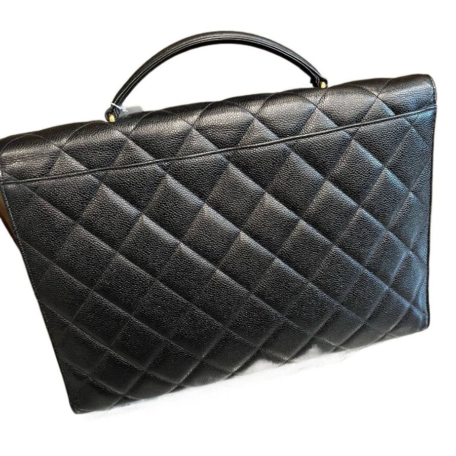Chanel 香奈兒黑金菱格紋大雙C扣手提公文包-11