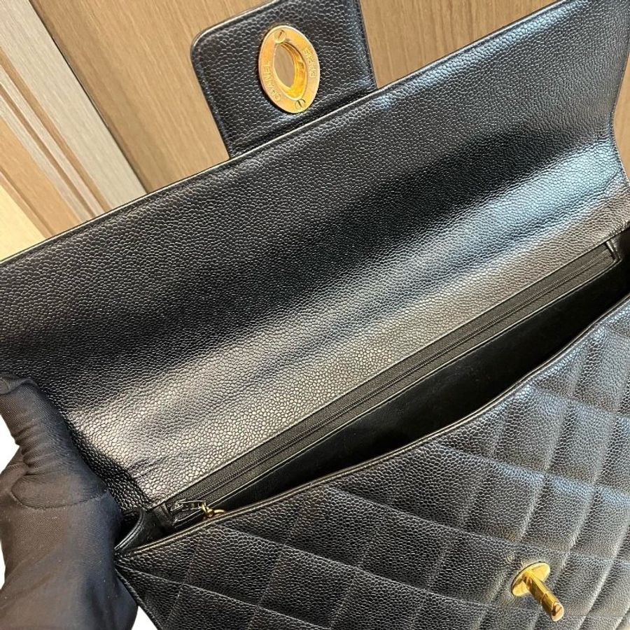 Chanel 香奈兒黑金菱格紋大雙C扣手提公文包-17