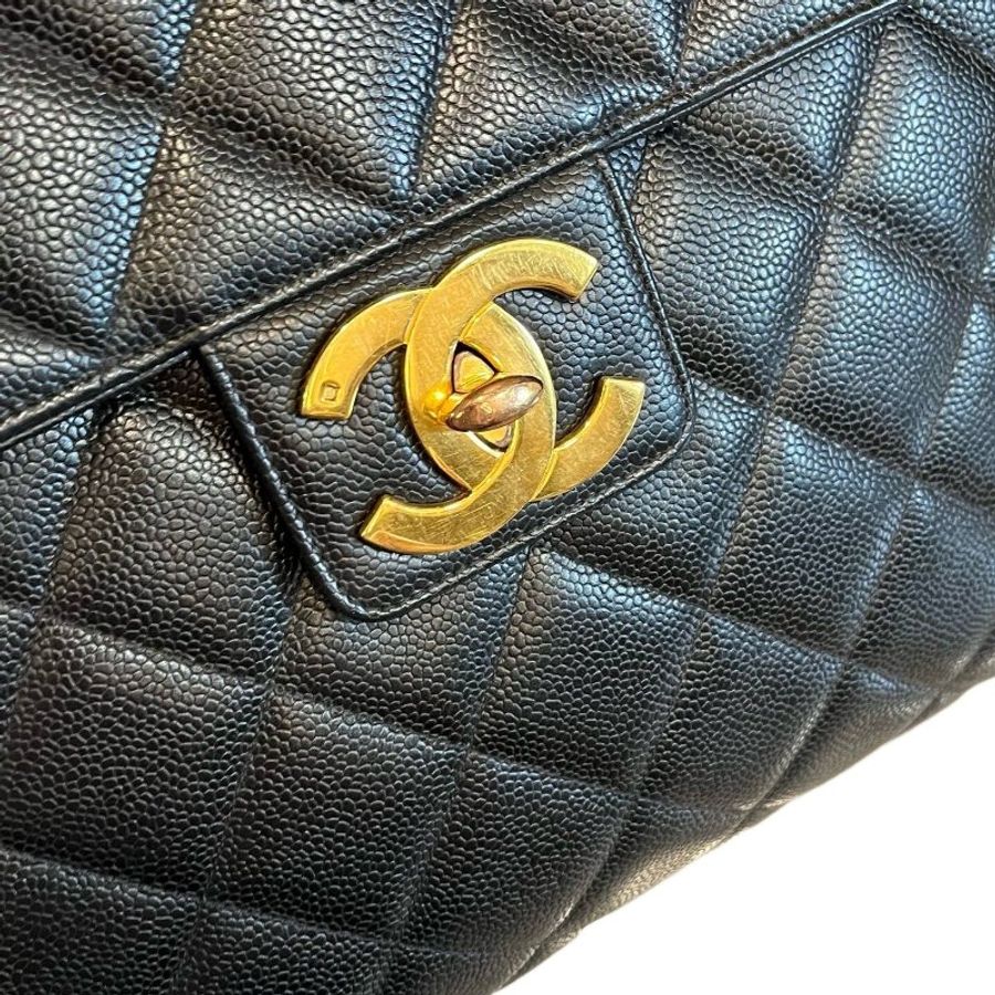 Chanel 香奈兒黑金菱格紋大雙C扣手提公文包-18