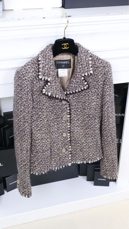 Chanel 01年棕色粗花呢金扣上衣外套-3