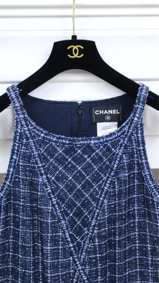 Chanel 13年春夏秀款蓝色粗花呢两口袋连衣裙-9