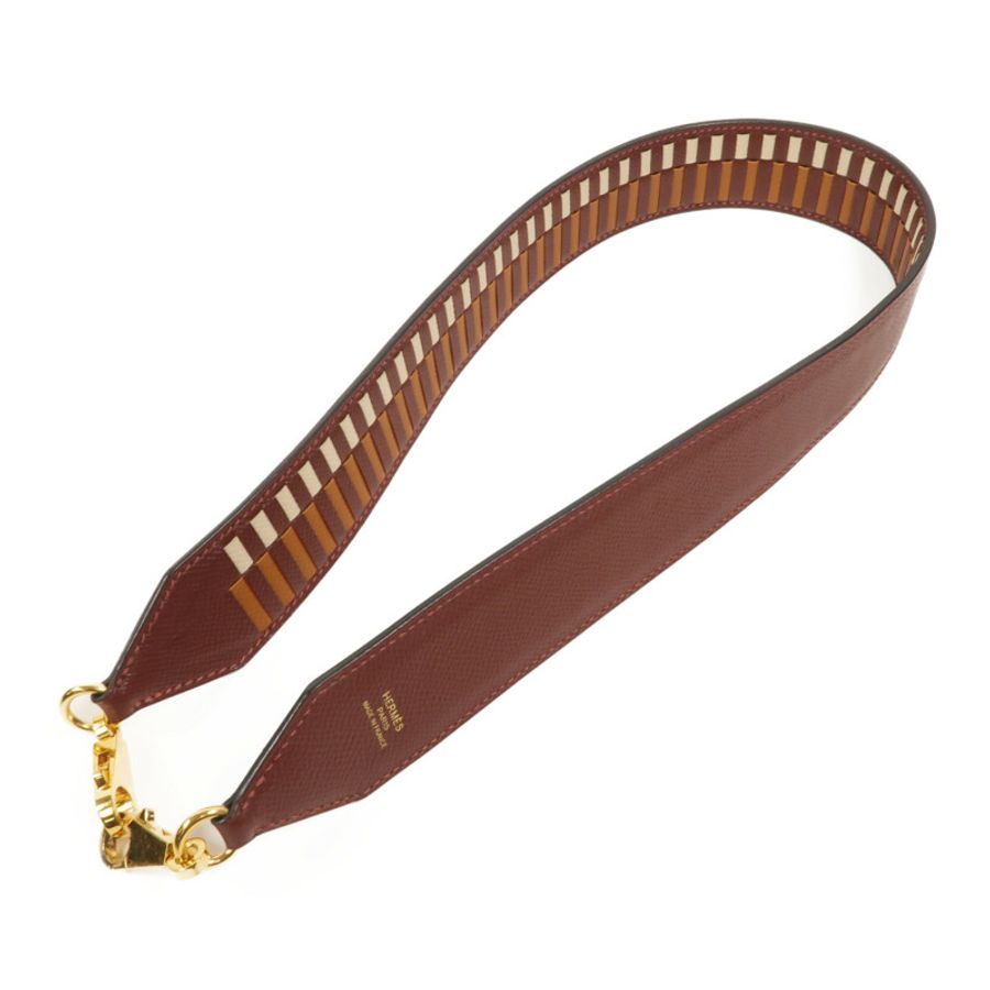 HERMES Epsom皮革Strap 70cm肩背帶Bordeaux/Gold/Craie-1