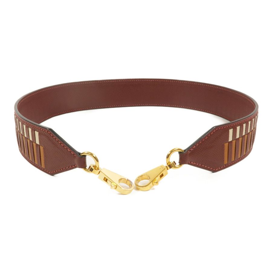 HERMES Epsom皮革Strap 70cm肩背帶Bordeaux/Gold/Craie-2