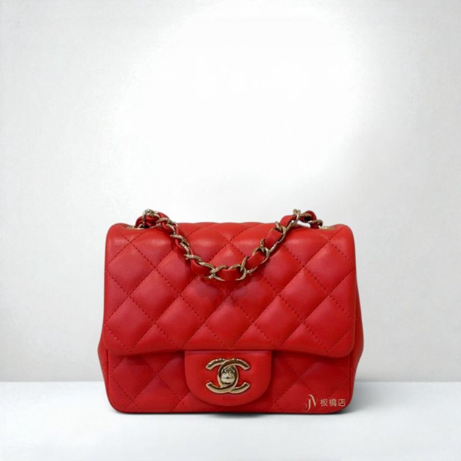 JS1525-CHANEL 橘紅色羊皮金釦方胖子 A35200-0