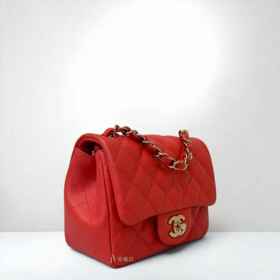JS1525-CHANEL 橘紅色羊皮金釦方胖子 A35200-2