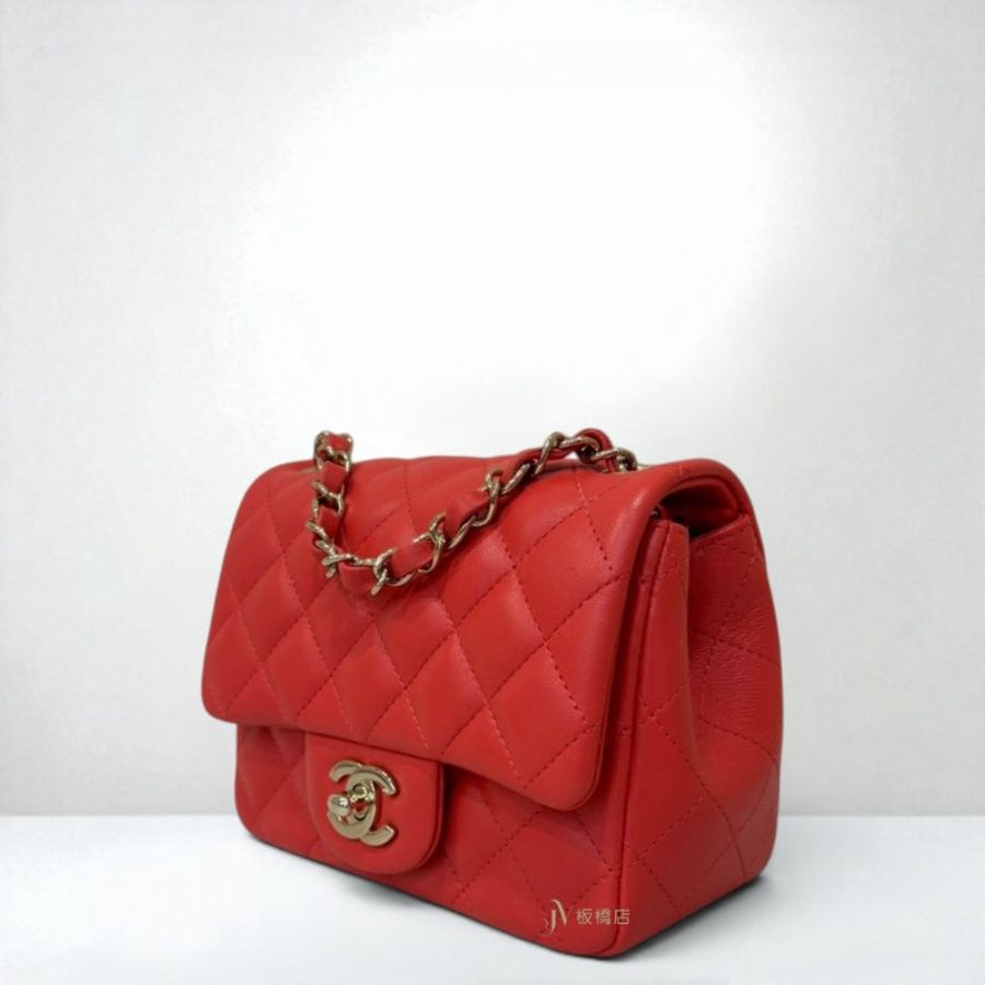 JS1525-CHANEL 橘紅色羊皮金釦方胖子 A35200-3