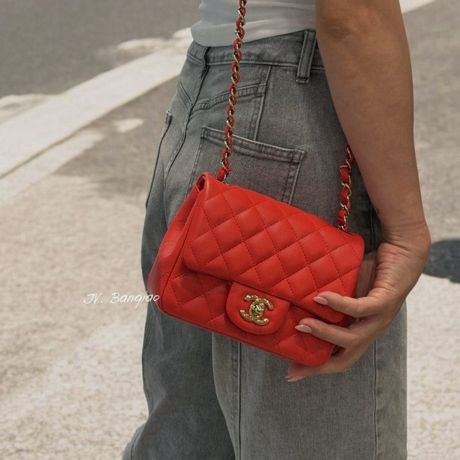JS1525-CHANEL 橘紅色羊皮金釦方胖子 A35200-0