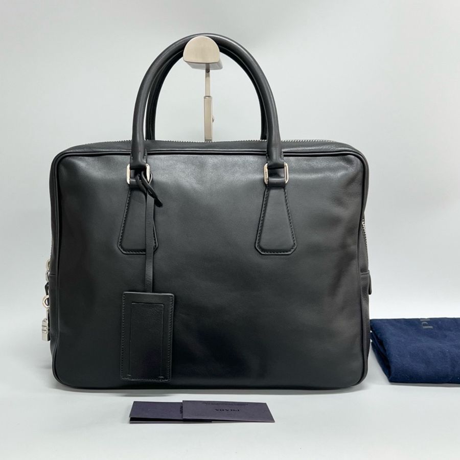 97新 Prada/普拉達黑色全皮公文包手提包 有鑰匙 鎖-0