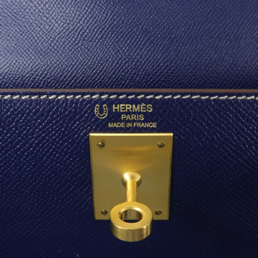 HERMES Epsom皮革Kelly 28手挽肩背兩用袋Blue Sapphire/Trench-5