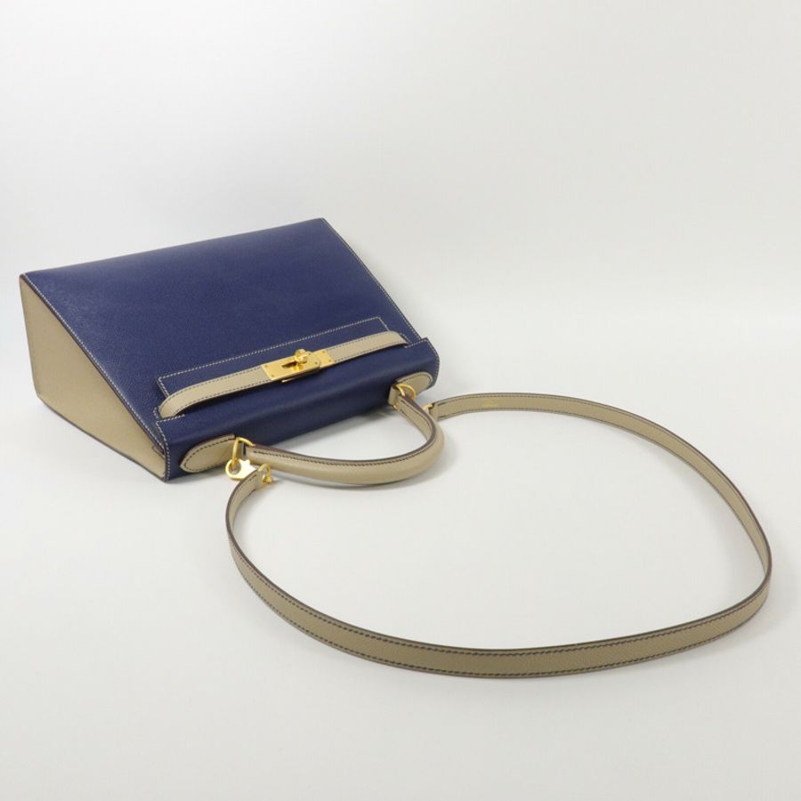 HERMES Epsom皮革Kelly 28手挽肩背兩用袋Blue Sapphire/Trench-10