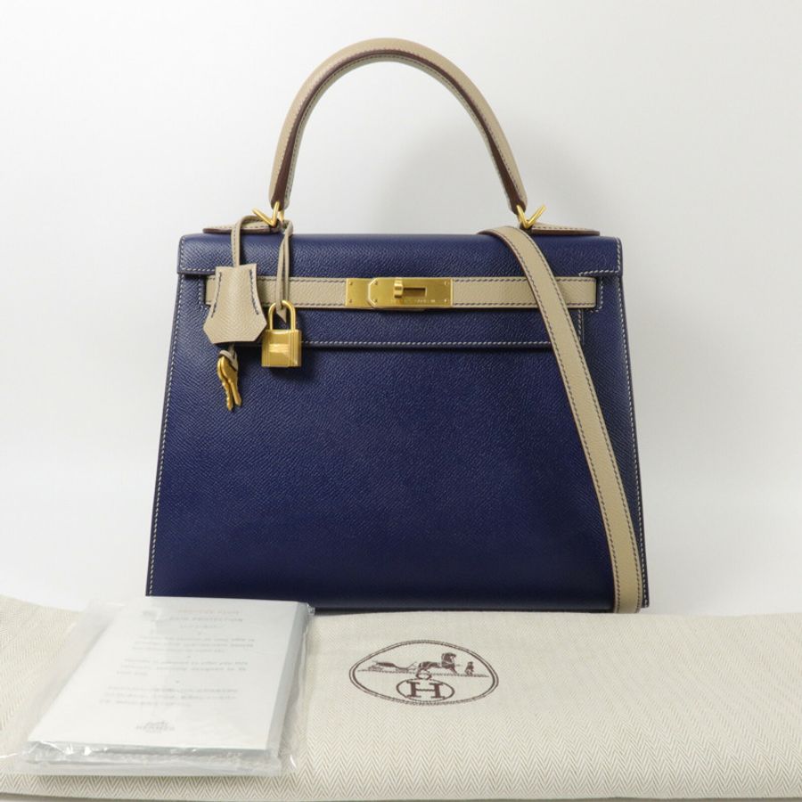 HERMES Epsom皮革Kelly 28手挽肩背兩用袋Blue Sapphire/Trench-11