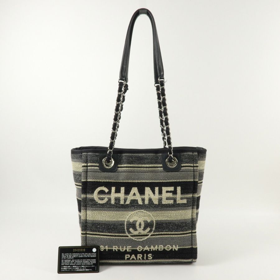 CHANEL 帆布Deauville Tote Small鏈帶手挽袋-10