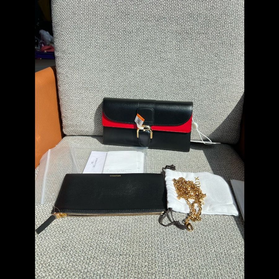 Delvaux德爾沃 紅色拼黑金二合一Long Wallet woc鏈條包 獨立卡槽,可輕鬆放入手機-0