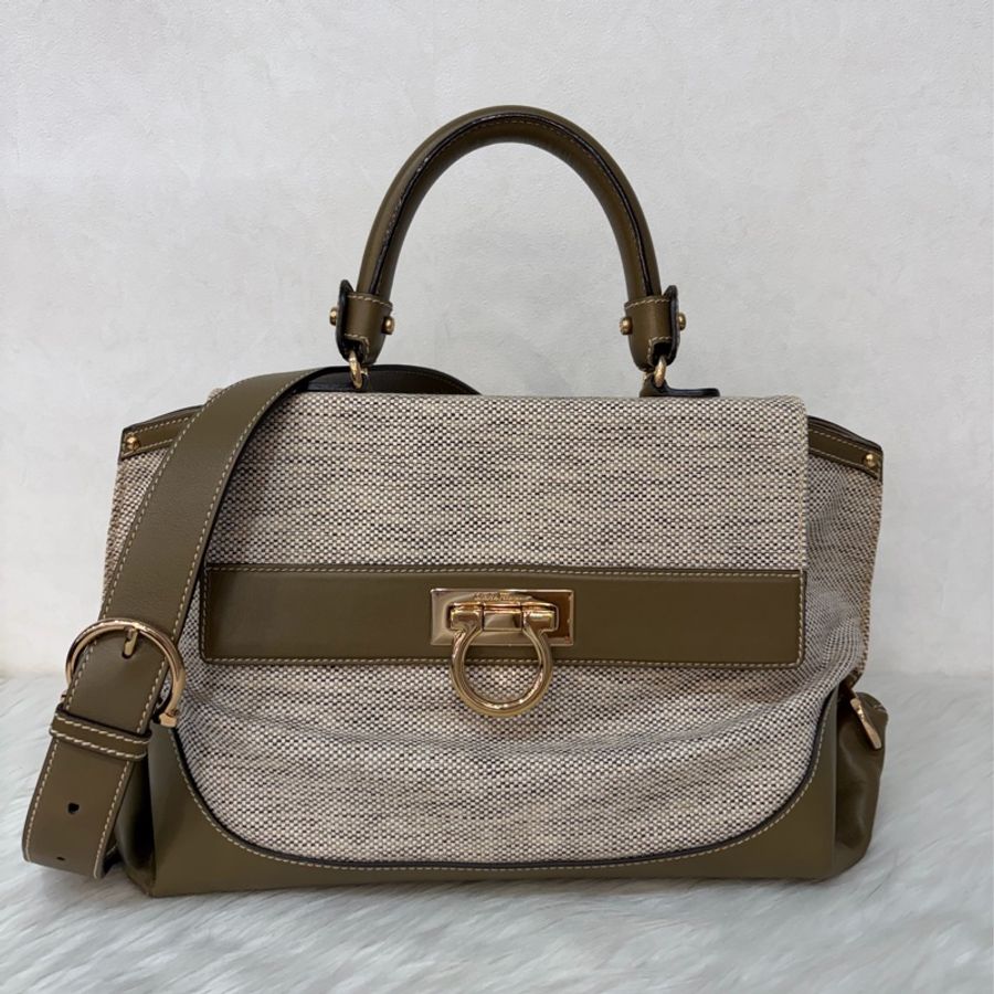 Ferragamo 防潑水帆布橄欖綠牛皮手提斜背包 肩背包 側背包 醫生包 兩用包-0