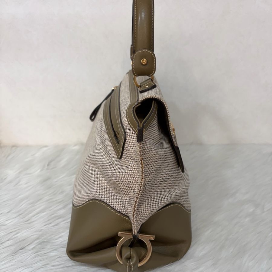 Ferragamo 防潑水帆布橄欖綠牛皮手提斜背包 肩背包 側背包 醫生包 兩用包-2