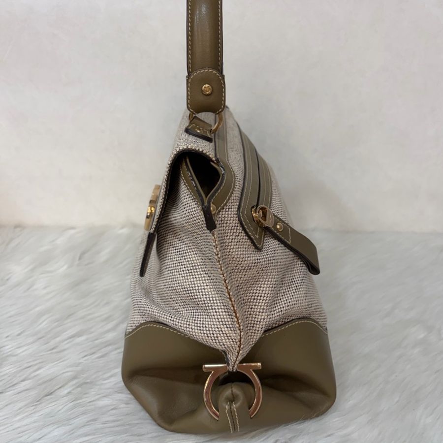 Ferragamo 防潑水帆布橄欖綠牛皮手提斜背包 肩背包 側背包 醫生包 兩用包-4
