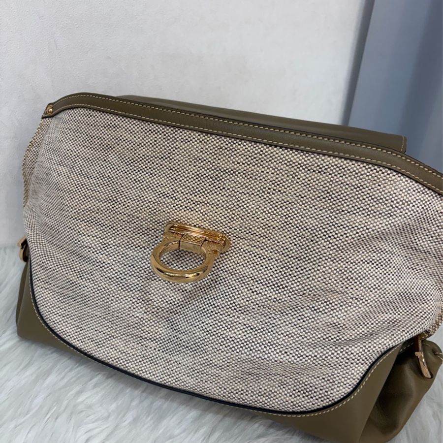 Ferragamo 防潑水帆布橄欖綠牛皮手提斜背包 肩背包 側背包 醫生包 兩用包-67