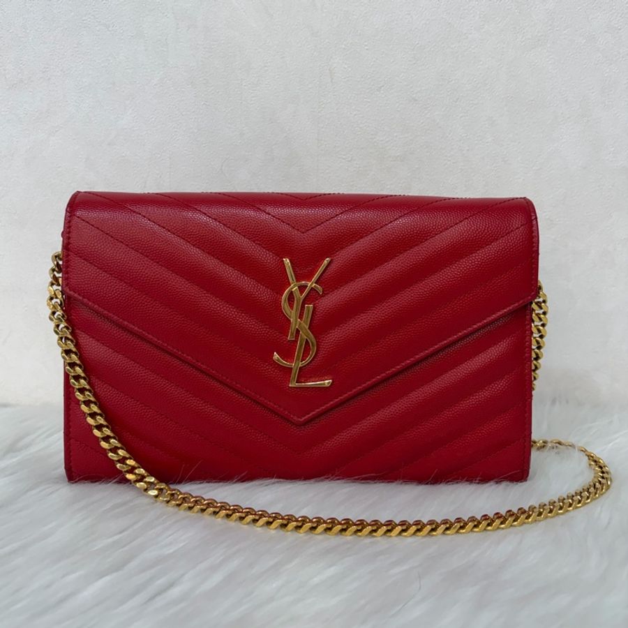 YSL 377828 WOC 紅色荔紋皮革金鍊斜背包 斜挎包 鍊子長夾 手拿包 肩背包-0