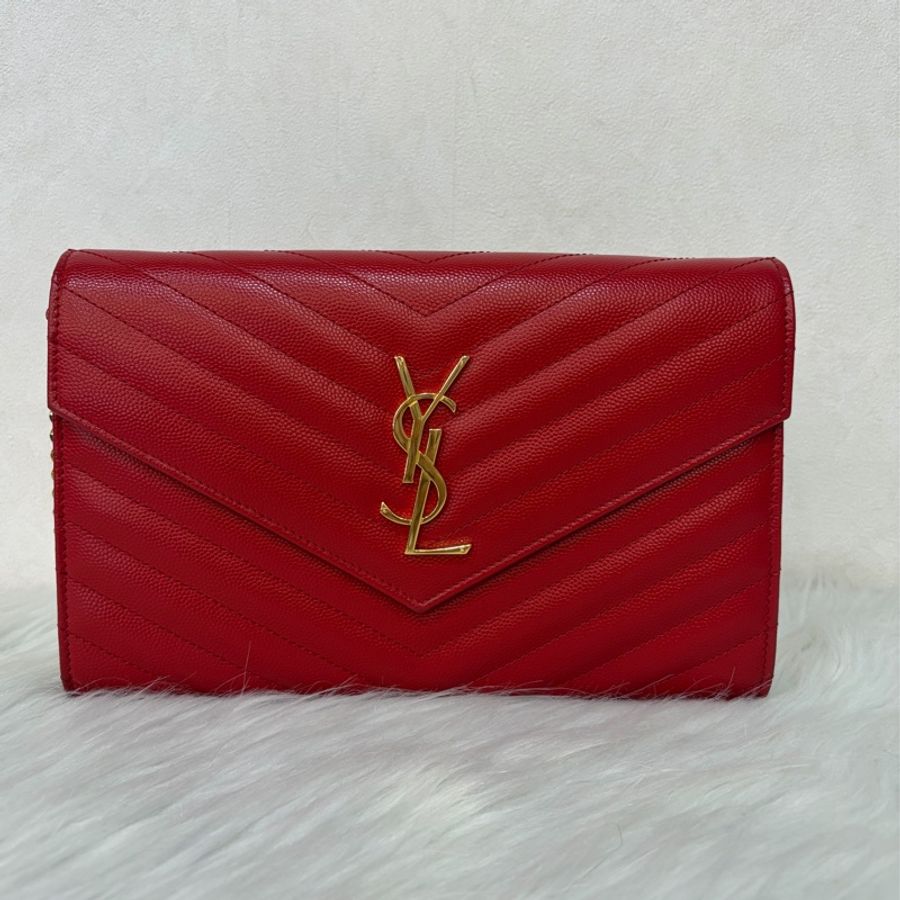 YSL 377828 WOC 紅色荔紋皮革金鍊斜背包 斜挎包 鍊子長夾 手拿包 肩背包-1