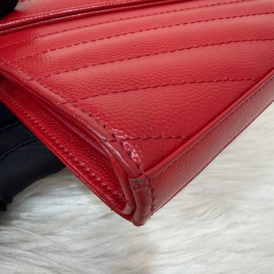 YSL 377828 WOC 紅色荔紋皮革金鍊斜背包 斜挎包 鍊子長夾 手拿包 肩背包-6
