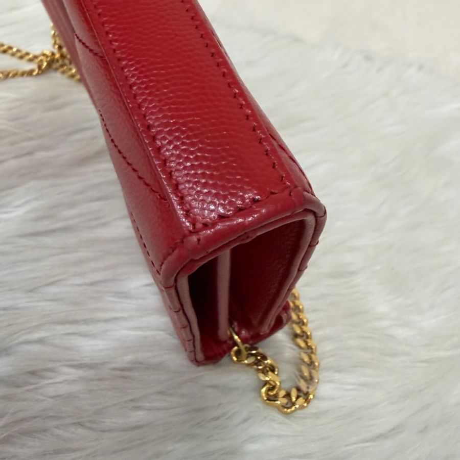 YSL 377828 WOC 紅色荔紋皮革金鍊斜背包 斜挎包 鍊子長夾 手拿包 肩背包-10