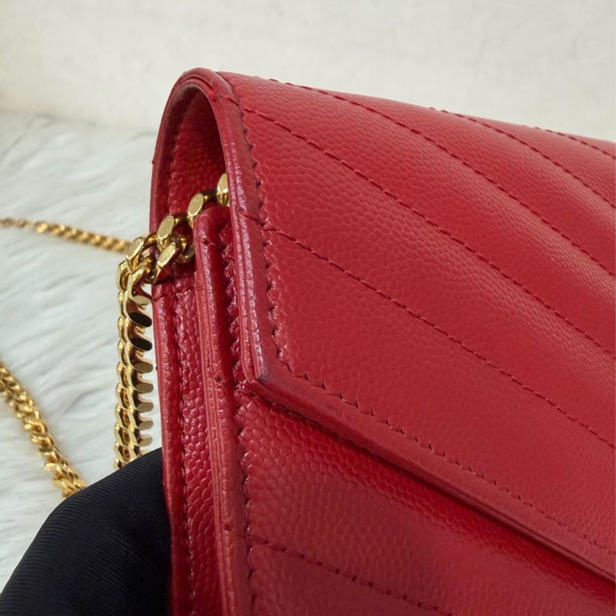 YSL 377828 WOC 紅色荔紋皮革金鍊斜背包 斜挎包 鍊子長夾 手拿包 肩背包-14